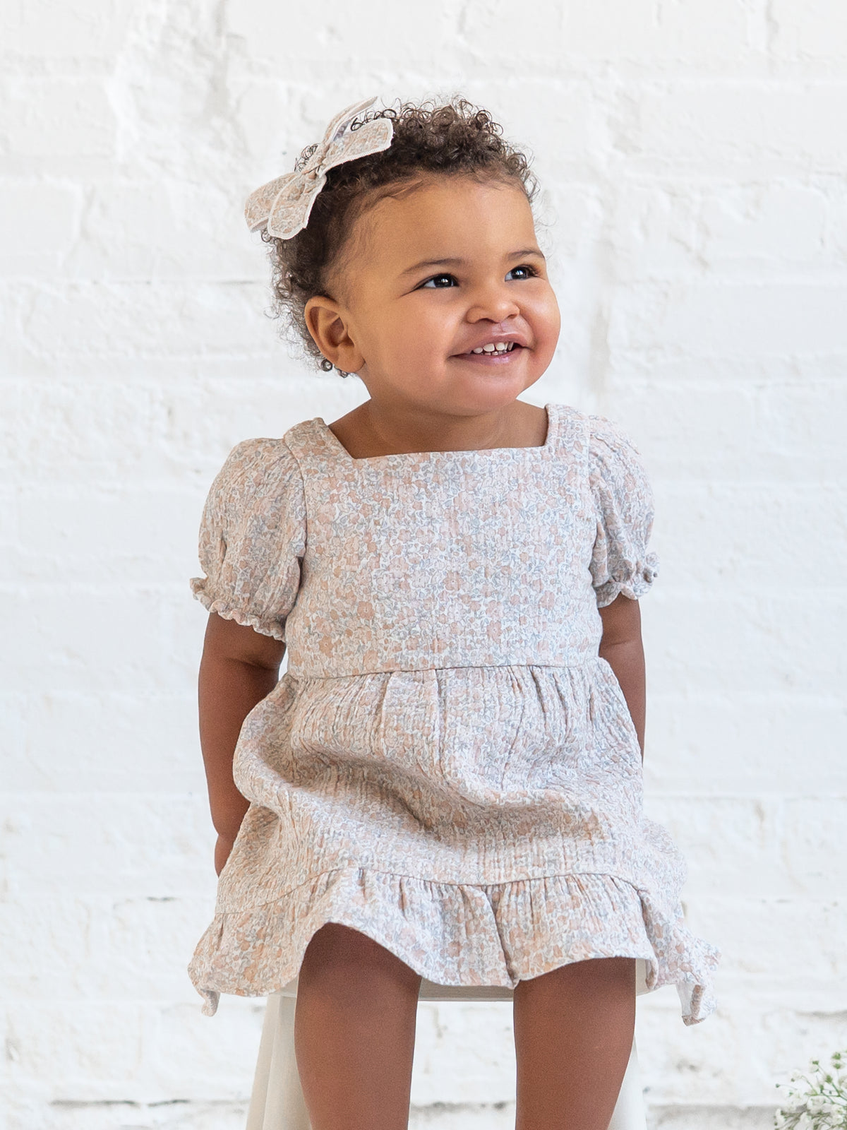 Celine Muslin Square Neck Dress - Belmont Floral / Shell + Powder Baby-Kids : Dresses : Short Sleeves KENDI by Colored Organics Celine Muslin Square Neck Dress | Colored Organics®