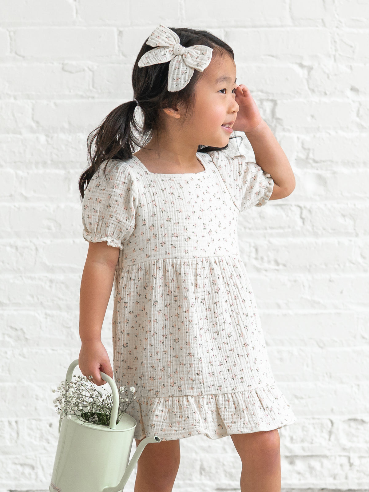 Celine Muslin Square Neck Dress - Camellia Floral / Shell + Fern Baby-Kids : Dresses : Short Sleeves Kendi Celine Muslin Square Neck Dress | Colored Organics®