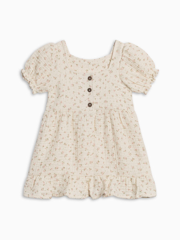 Celine Muslin Square Neck Dress - Camellia Floral / Shell + Fern Baby-Kids : Dresses : Short Sleeves Kendi Celine Muslin Square Neck Dress | Colored Organics®
