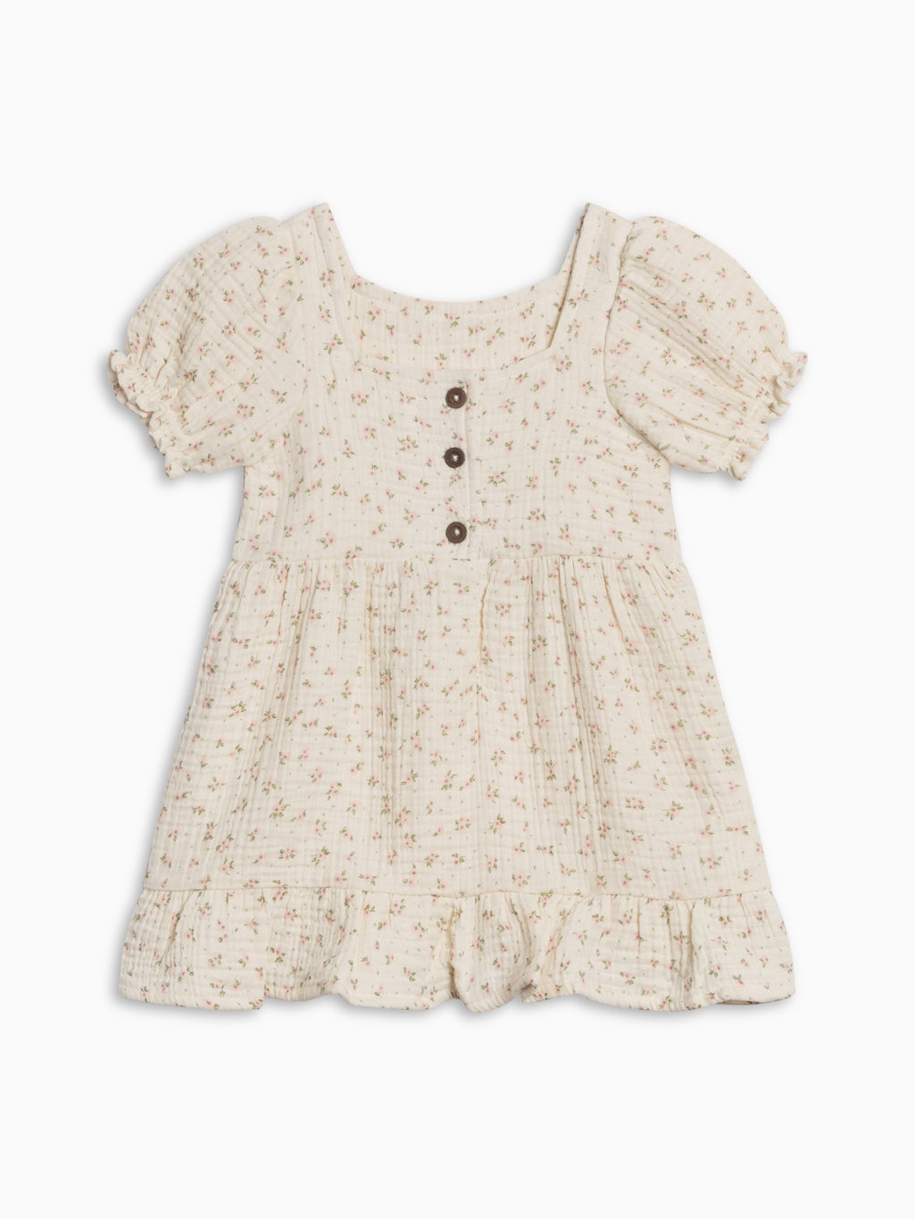 Celine Muslin Square Neck Dress - Camellia Floral / Shell + Fern Baby-Kids : Dresses : Short Sleeves Kendi Celine Muslin Square Neck Dress | Colored Organics®