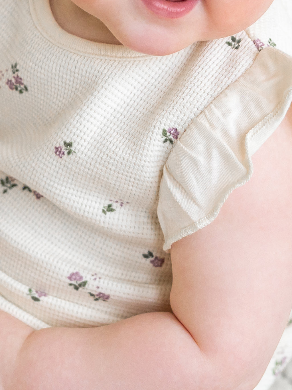 Maci Waffle Ruffle Tank Romper - Sylva Floral / Fog + Fern Baby : One Pieces : Rompers : Tanks KENDI by Colored Organics Maci Waffle Ruffle Tank Romper - Sylva | Colored Organics®