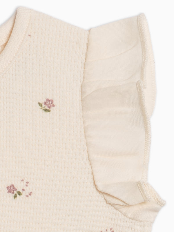 Maci Waffle Ruffle Tank Romper - Sylva Floral / Fog + Fern Baby : One Pieces : Rompers : Tanks KENDI by Colored Organics Maci Waffle Ruffle Tank Romper - Sylva | Colored Organics®