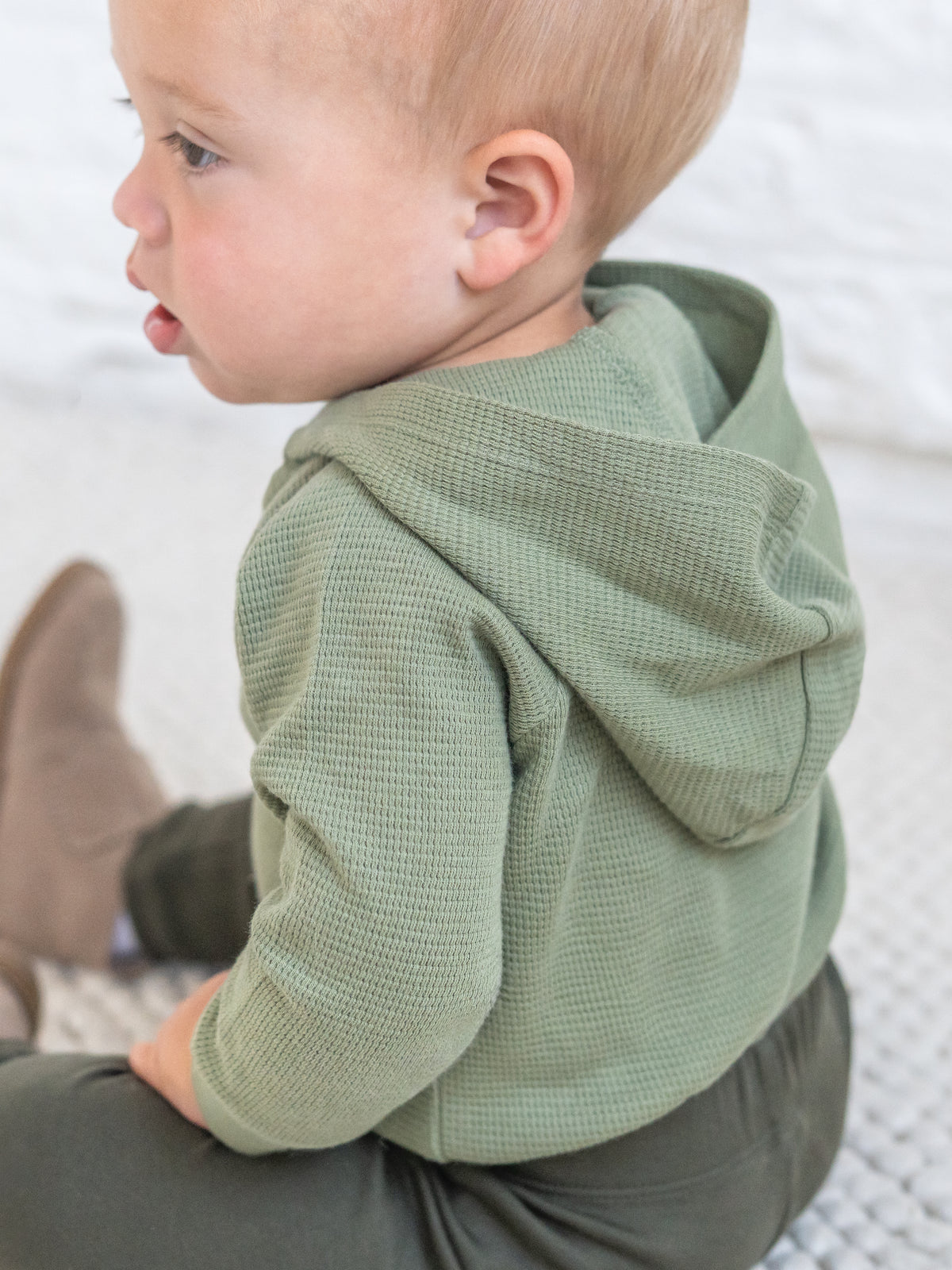 Cole Waffle Knit Hoodie Bodysuit - Fern Baby : One Pieces : Bodysuits : Long Sleeves KENDI by Colored Organics Baby Cole Waffle Knit Hoodie Bodysuit | Colored Organics®