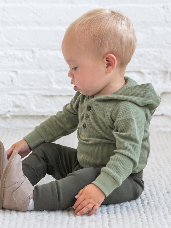 Cole Waffle Knit Hoodie Bodysuit - Fern Baby : One Pieces : Bodysuits : Long Sleeves KENDI by Colored Organics Baby Cole Waffle Knit Hoodie Bodysuit | Colored Organics®