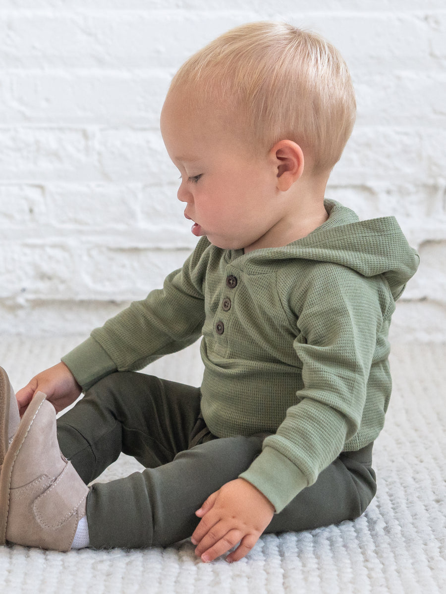 Cole Waffle Knit Hoodie Bodysuit - Fern Baby : One Pieces : Bodysuits : Long Sleeves KENDI by Colored Organics Baby Cole Waffle Knit Hoodie Bodysuit | Colored Organics®