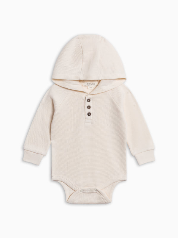 Cole Waffle Knit Hoodie Bodysuit - Ivory Baby : One Pieces : Bodysuits : Long Sleeves KENDI by Colored Organics Baby Cole Waffle Knit Hoodie Bodysuit | Colored Organics®