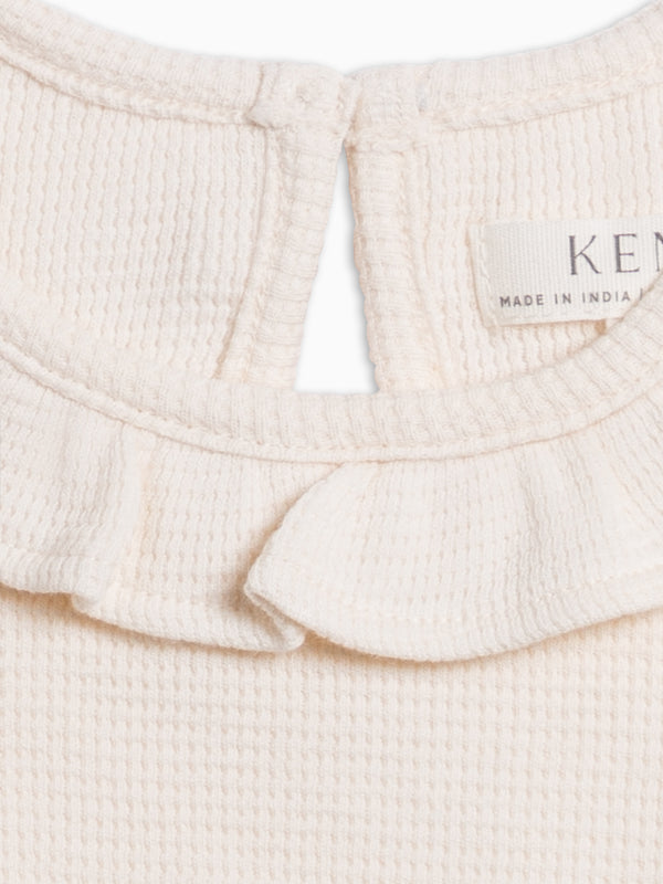 Mae Waffle Knit Ruffle Bodysuit - Ivory Baby : One Pieces : Bodysuits : Long Sleeves KENDI by Colored Organics Mae Waffle Knit Ruffle Bodysuit | Colored Organics®