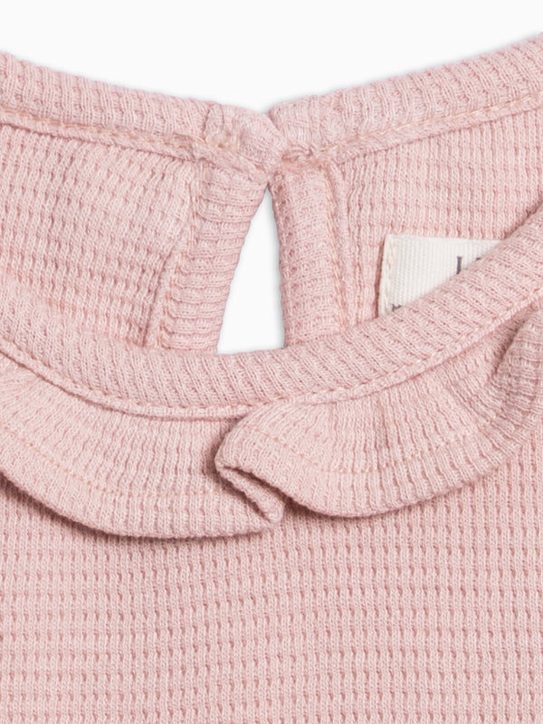 Mae Waffle Knit Ruffle Bodysuit - Petal Pink Baby : One Pieces : Bodysuits : Long Sleeves KENDI by Colored Organics Mae Waffle Knit Ruffle Bodysuit | Colored Organics®