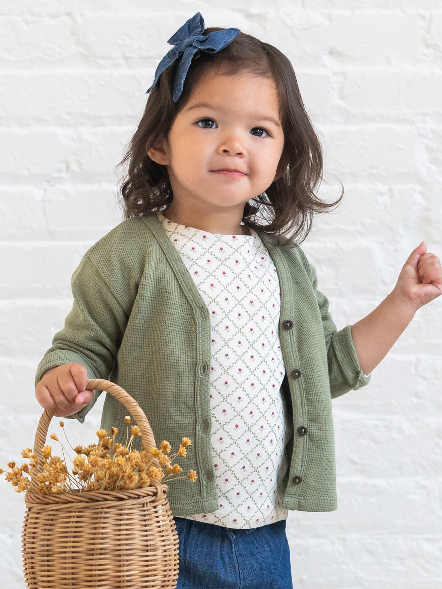 Wells Waffle Knit Button Cardigan - Fern Baby-Kids : Tops : Cardigans : Long Sleeves KENDI by Colored Organics Wells Waffle Knit Button Cardigan | Colored Organics®