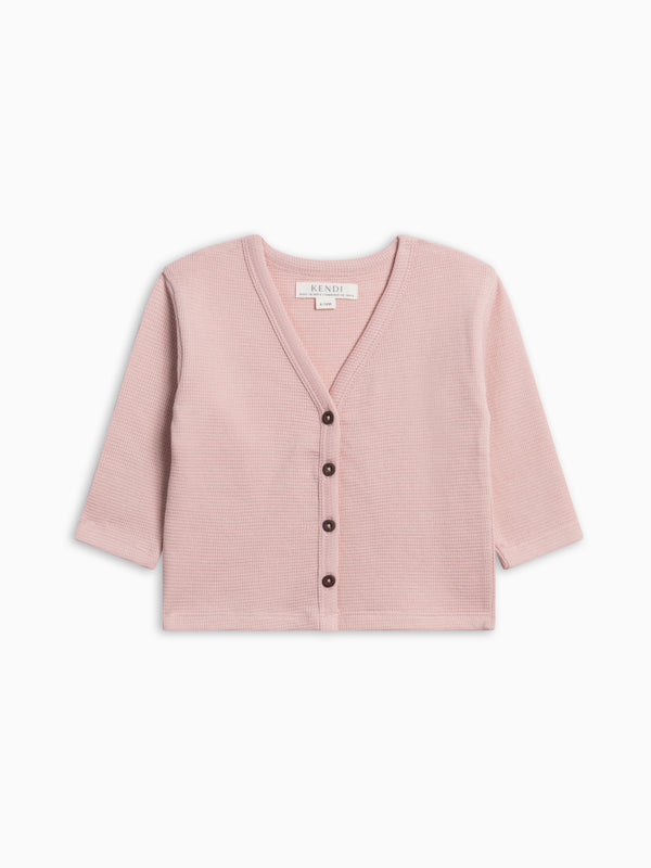 Wells Waffle Knit Button Cardigan - Petal Pink Baby-Kids : Tops : Cardigans : Long Sleeves KENDI by Colored Organics Wells Waffle Knit Button Cardigan | Colored Organics®
