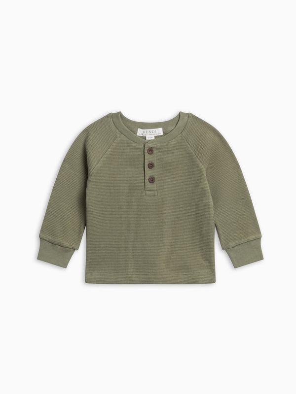 Jones Waffle Knit Henley Raglan Shirt - Fern Baby-Kids : Tops : Tees : Long Sleeves KENDI by Colored Organics Jones Waffle Knit Henley Raglan Shirt | Colored Organics®