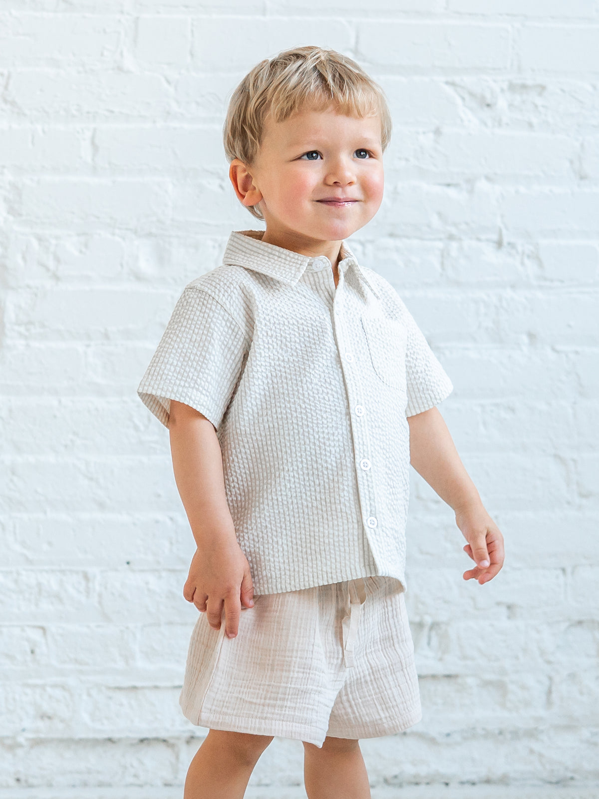 Landon Seersucker Collared Button Down Shirt - Dune Stripe Baby-Kids : Tops : Shirts : Short Sleeves KENDI by Colored Organics Landon Seersucker Collared Button Down | Colored Organics®
