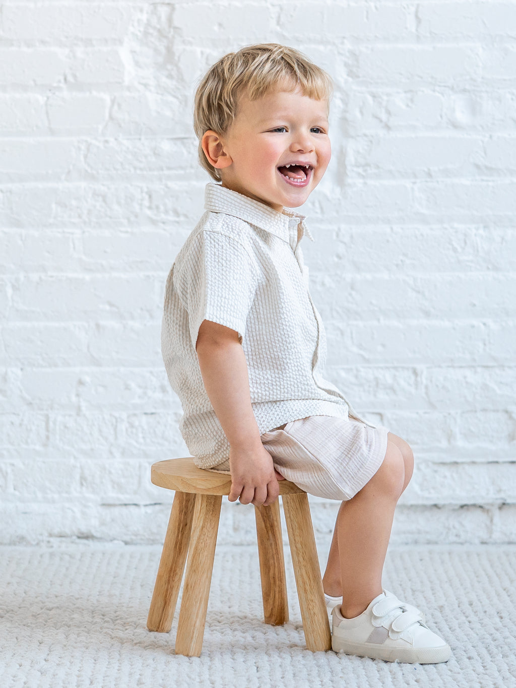 Landon Seersucker Collared Button Down Shirt - Dune Stripe Baby-Kids : Tops : Shirts : Short Sleeves KENDI by Colored Organics Landon Seersucker Collared Button Down | Colored Organics®