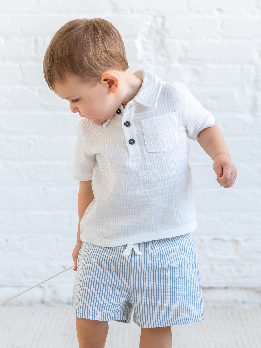Nixie Seersucker Shorts - Shore Stripe / Sea Baby-Kids : Bottoms : Shorts KENDI by Colored Organics Organic Cotton Baby and Kids Nixie Seersucker Shorts
