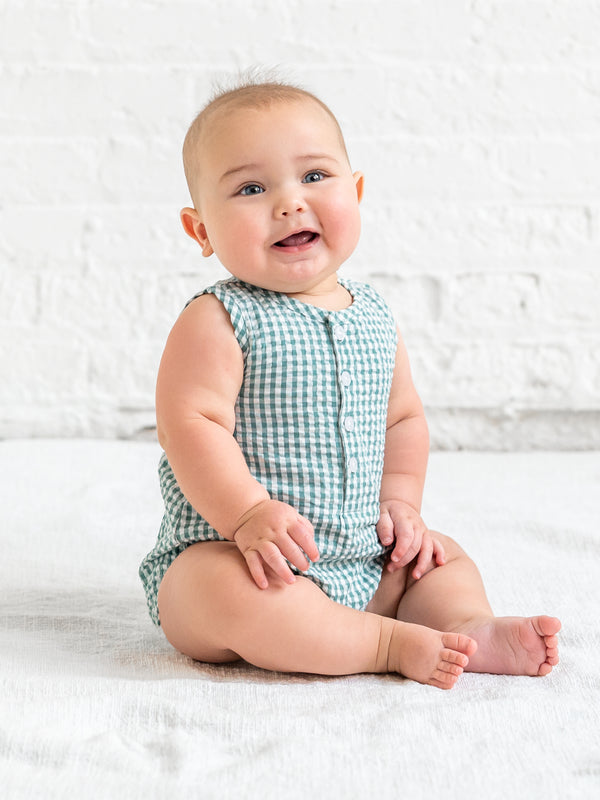 Wren Seersucker Bubble Romper - Laguna Gingham Baby : One Pieces : Rompers : Tanks KENDI by Colored Organics Wren Seersucker Bubble Romper - Laguna | Colored Organics®