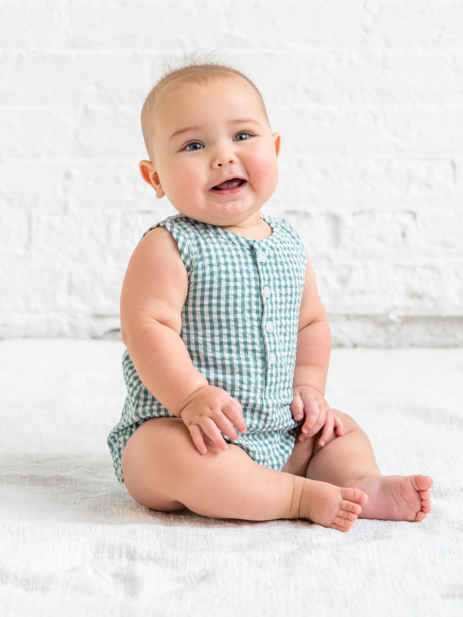 Wren Seersucker Bubble Romper - Laguna Gingham Baby : One Pieces : Rompers : Tanks KENDI by Colored Organics Wren Seersucker Bubble Romper - Laguna | Colored Organics®