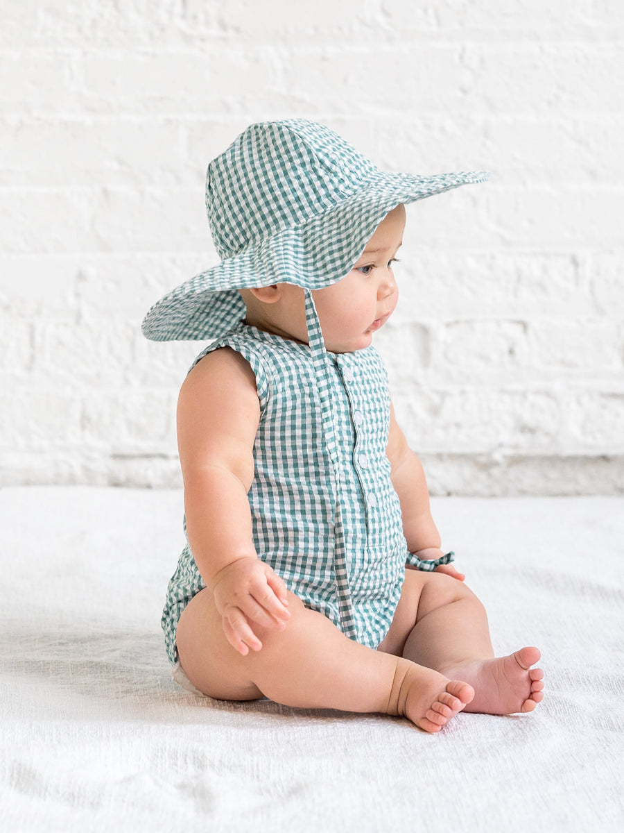 Wren Seersucker Bubble Romper - Laguna Gingham Baby : One Pieces : Rompers : Tanks KENDI by Colored Organics Wren Seersucker Bubble Romper - Laguna | Colored Organics®