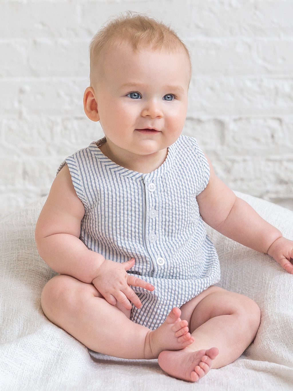 Wren Seersucker Bubble Romper - Shore Stripe / Sea Baby : One Pieces : Rompers : Tanks KENDI by Colored Organics Wren Seersucker Bubble Romper - Shore | Colored Organics®