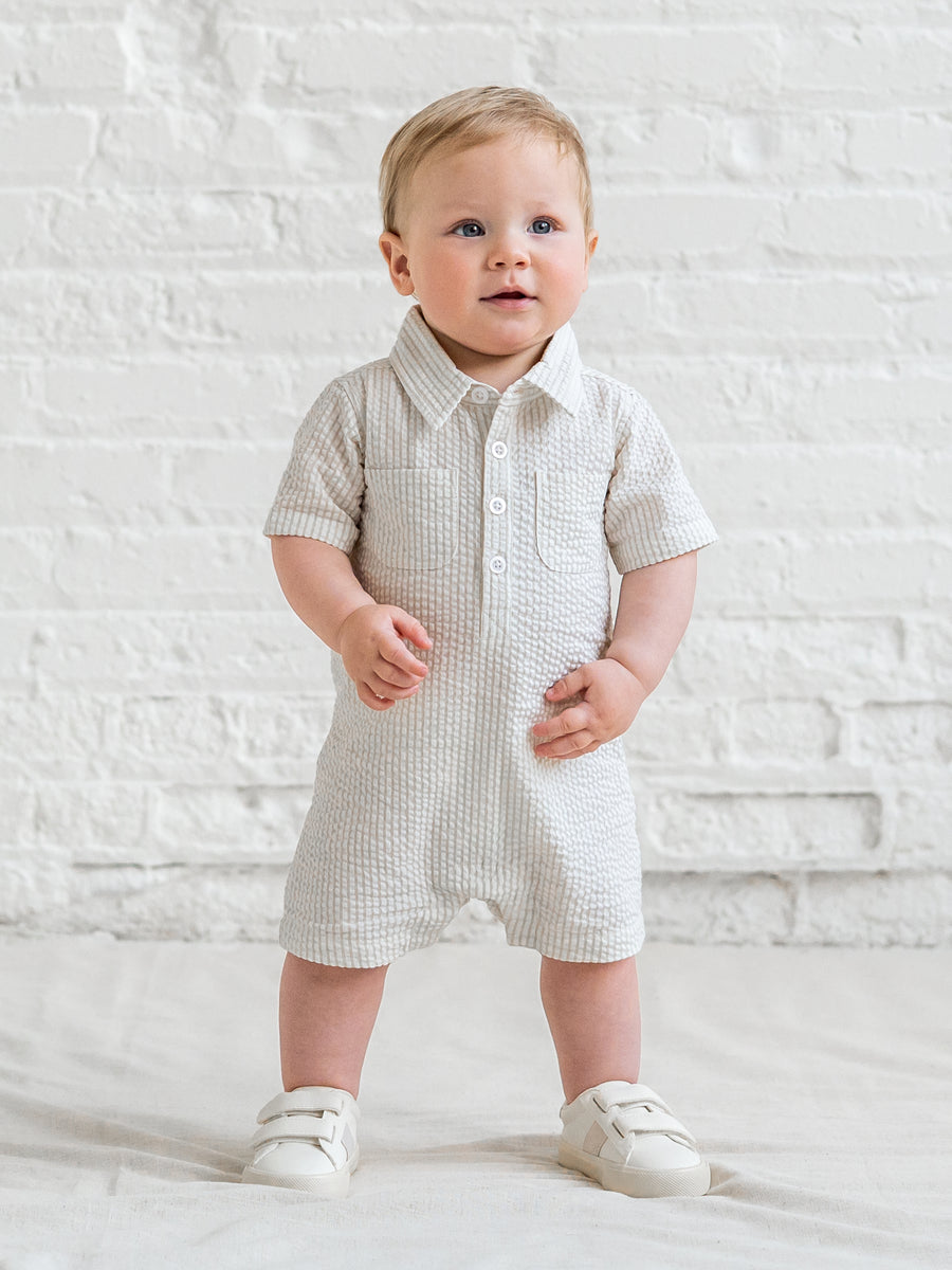 Mato Seersucker Collared Romper - Dune Stripe Baby : One Pieces : Rompers : Short Sleeves KENDI by Colored Organics Mato Seersucker Collared Romper - Dune | Colored Organics®