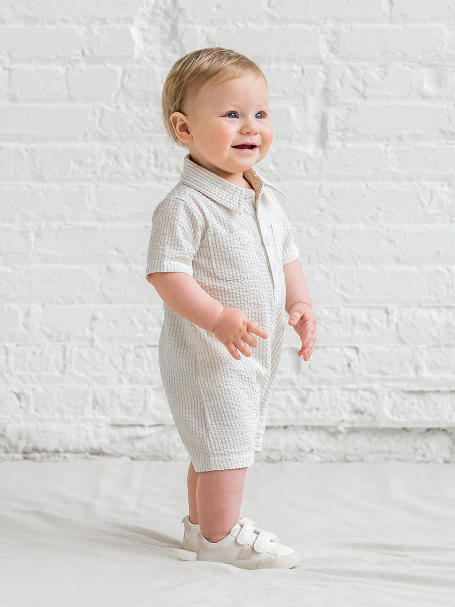 Mato Seersucker Collared Romper - Dune Stripe Baby : One Pieces : Rompers : Short Sleeves KENDI by Colored Organics Mato Seersucker Collared Romper - Dune | Colored Organics®