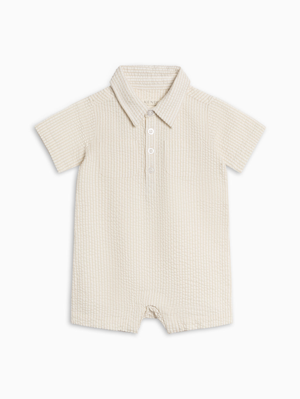 Mato Seersucker Collared Romper - Dune Stripe Baby : One Pieces : Rompers : Short Sleeves KENDI by Colored Organics Mato Seersucker Collared Romper - Dune | Colored Organics®