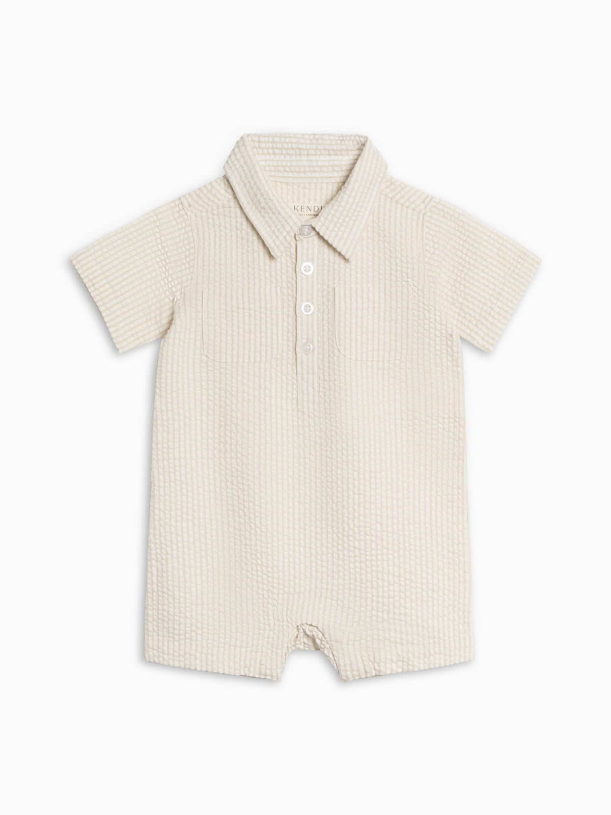Mato Seersucker Collared Romper - Dune Stripe Baby : One Pieces : Rompers : Short Sleeves KENDI by Colored Organics Mato Seersucker Collared Romper - Dune | Colored Organics®