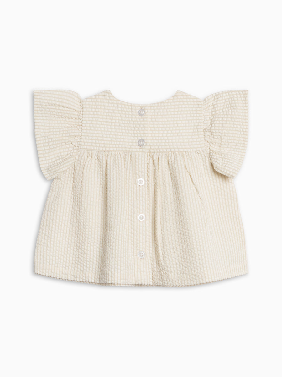Viv Seersucker Ruffle Top - Dune Stripe Baby-Kids : Tops : Short Sleeves KENDI by Colored Organics Viv Seersucker Ruffle Top - Dune Stripe | Colored Organics®