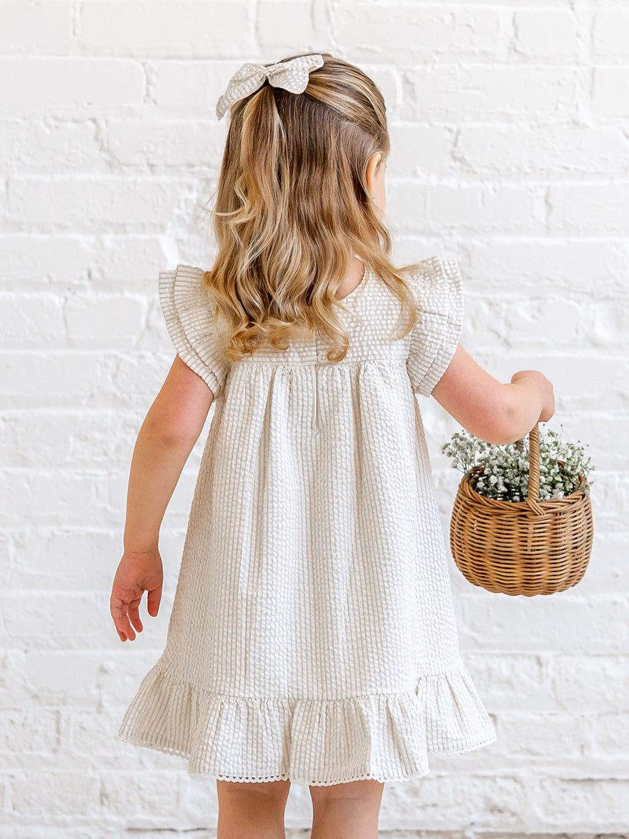 Lorena Seersucker Double Ruffle Sleeve Dress - Dune Stripe Baby-Kids : Dresses : Short Sleeve KENDI by Colored Organics Lorena Seersucker Double Ruffle Sleeve | Colored Organics®