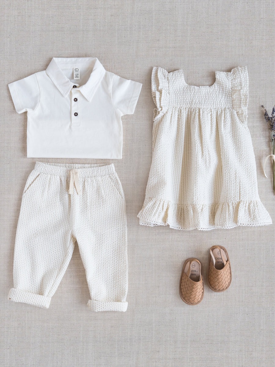 Lorena Seersucker Double Ruffle Sleeve Dress - Dune Stripe Baby-Kids : Dresses : Short Sleeve KENDI by Colored Organics Lorena Seersucker Double Ruffle Sleeve | Colored Organics®