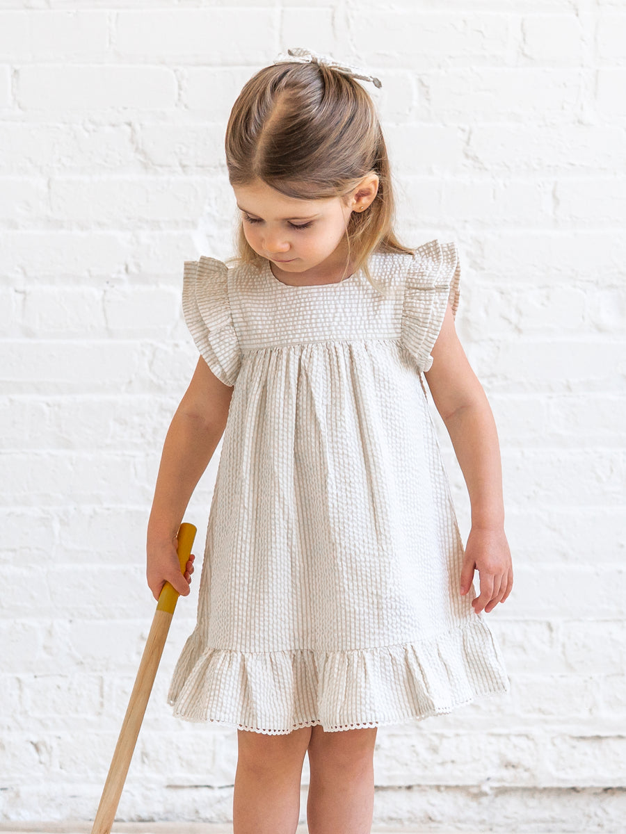 Lorena Seersucker Double Ruffle Sleeve Dress - Dune Stripe Baby-Kids : Dresses : Short Sleeve KENDI by Colored Organics Lorena Seersucker Double Ruffle Sleeve | Colored Organics®