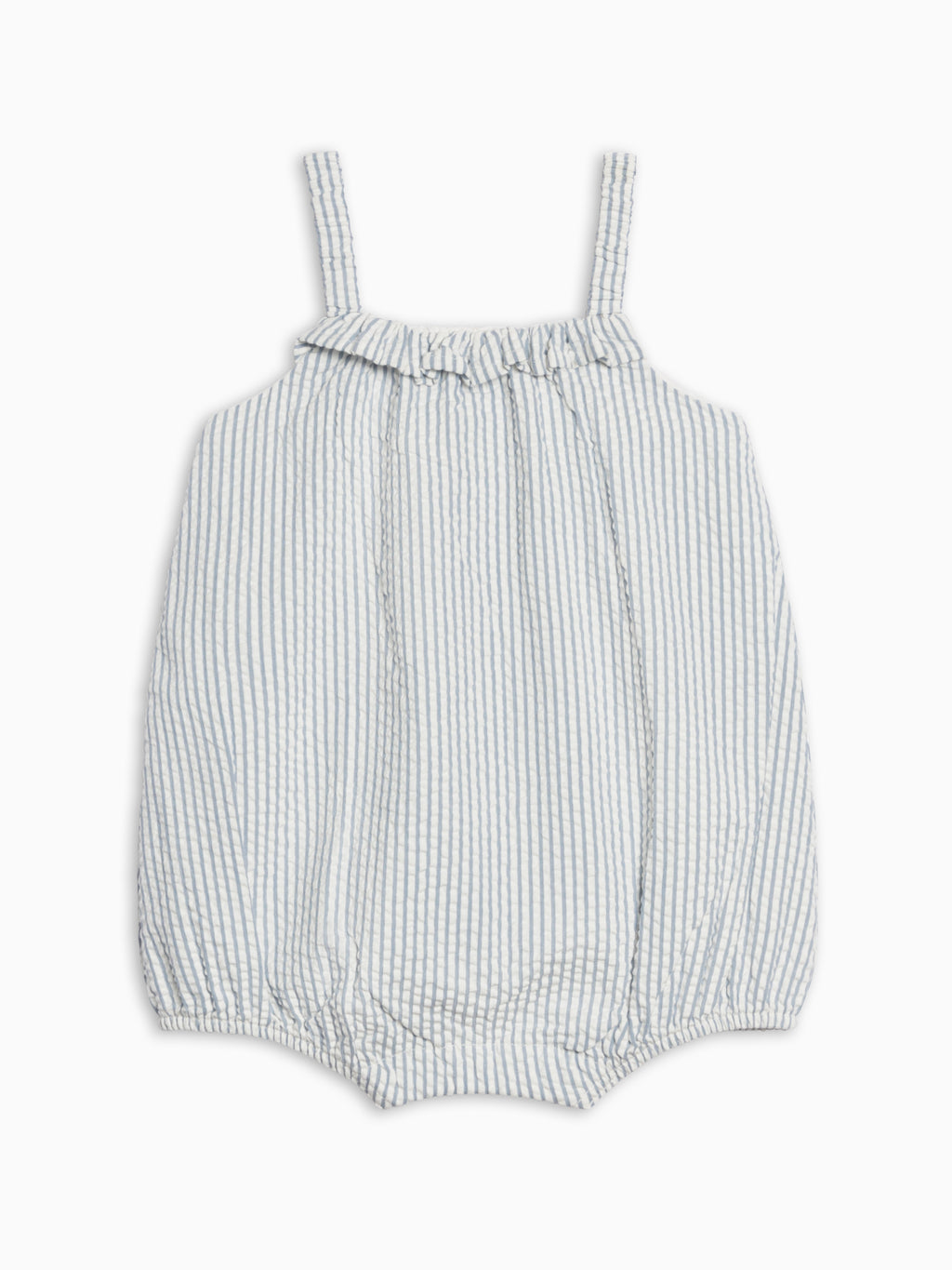 Rosalie Seersucker Ruffle Bubble Romper - Shore Stripe / Sea Baby : One Pieces : Rompers : Tanks KENDI by Colored Organics Rosalie Seersucker Ruffle Bubble Romper | Colored Organics®