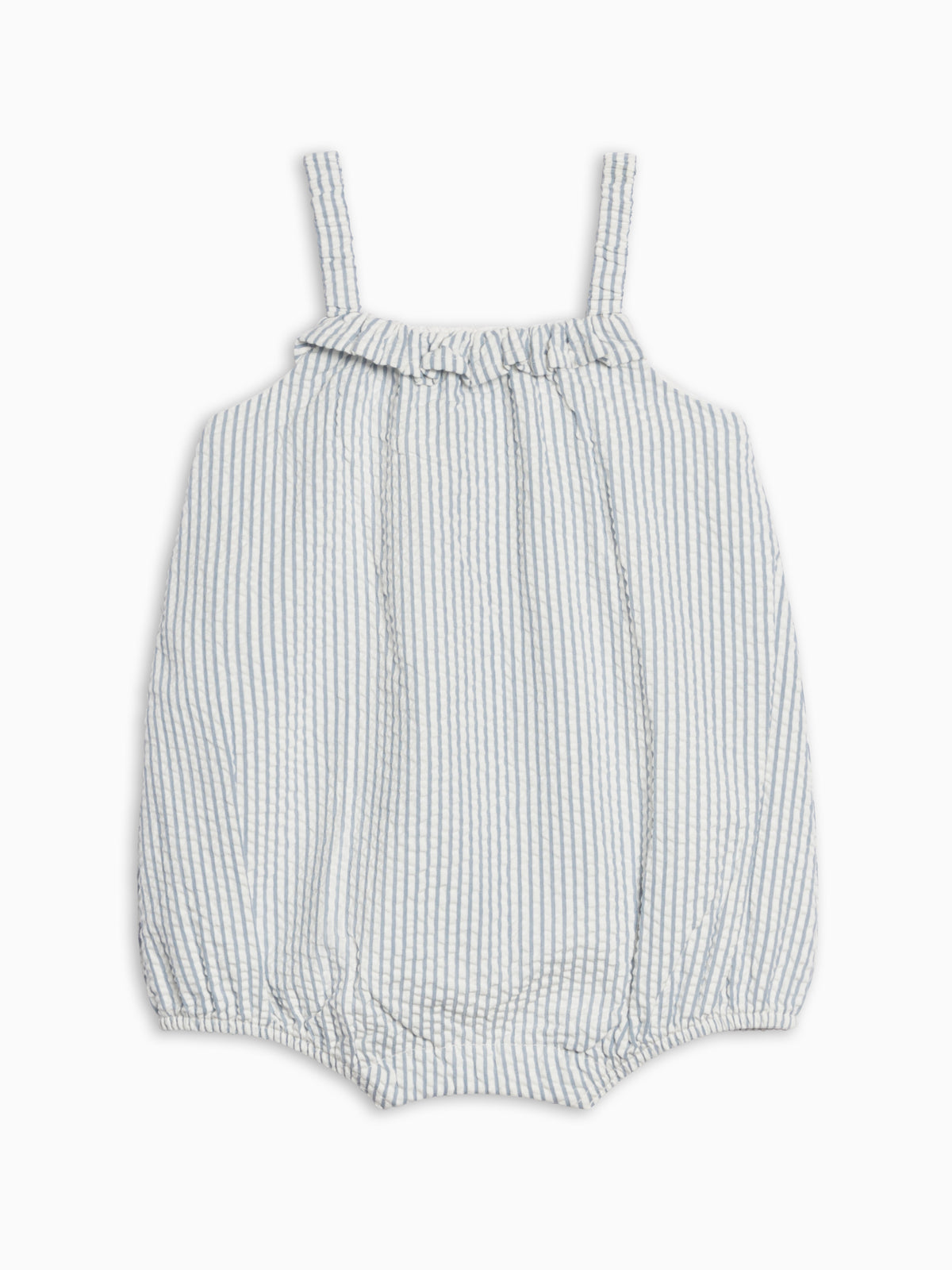 Rosalie Seersucker Ruffle Bubble Romper - Shore Stripe / Sea Baby : One Pieces : Rompers : Tanks KENDI by Colored Organics Rosalie Seersucker Ruffle Bubble Romper | Colored Organics®