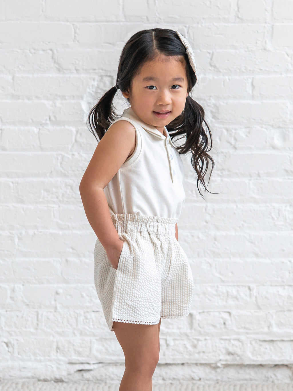 Patty Seersucker Scalloped Trim Short - Dune Stripe Sale : Baby-Kids : Bottoms : Shorts KENDI by Colored Organics Patty Seersucker Scalloped Trim Short | Colored Organics®