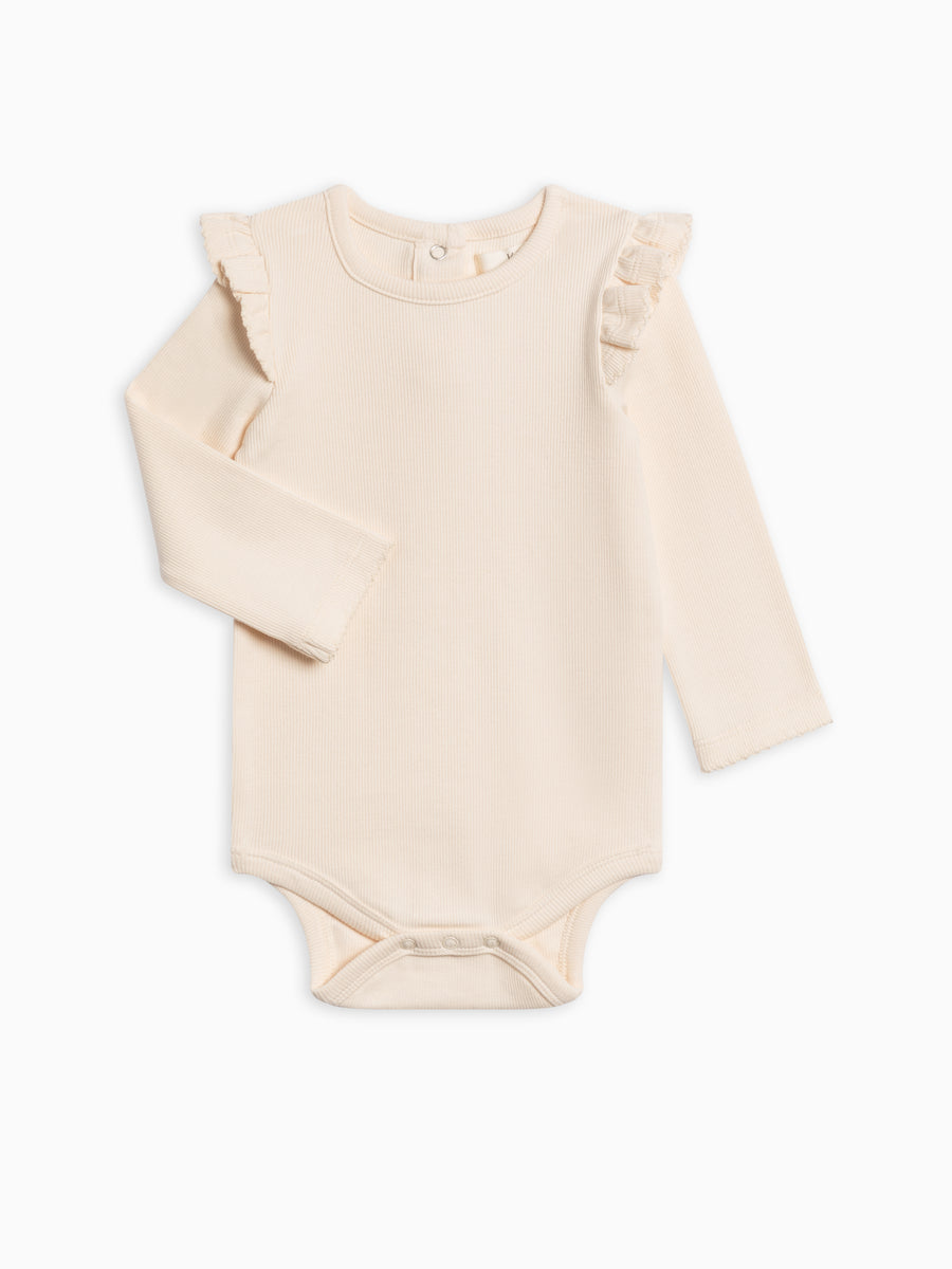 Leza Ribbed Ruffle Long Sleeve Bodysuit Sale : Baby : One Pieces : Bodysuits : Long Sleeves Kendi Leza Ribbed Ruffle Long Sleeve Bodysuit | Colored Organics®