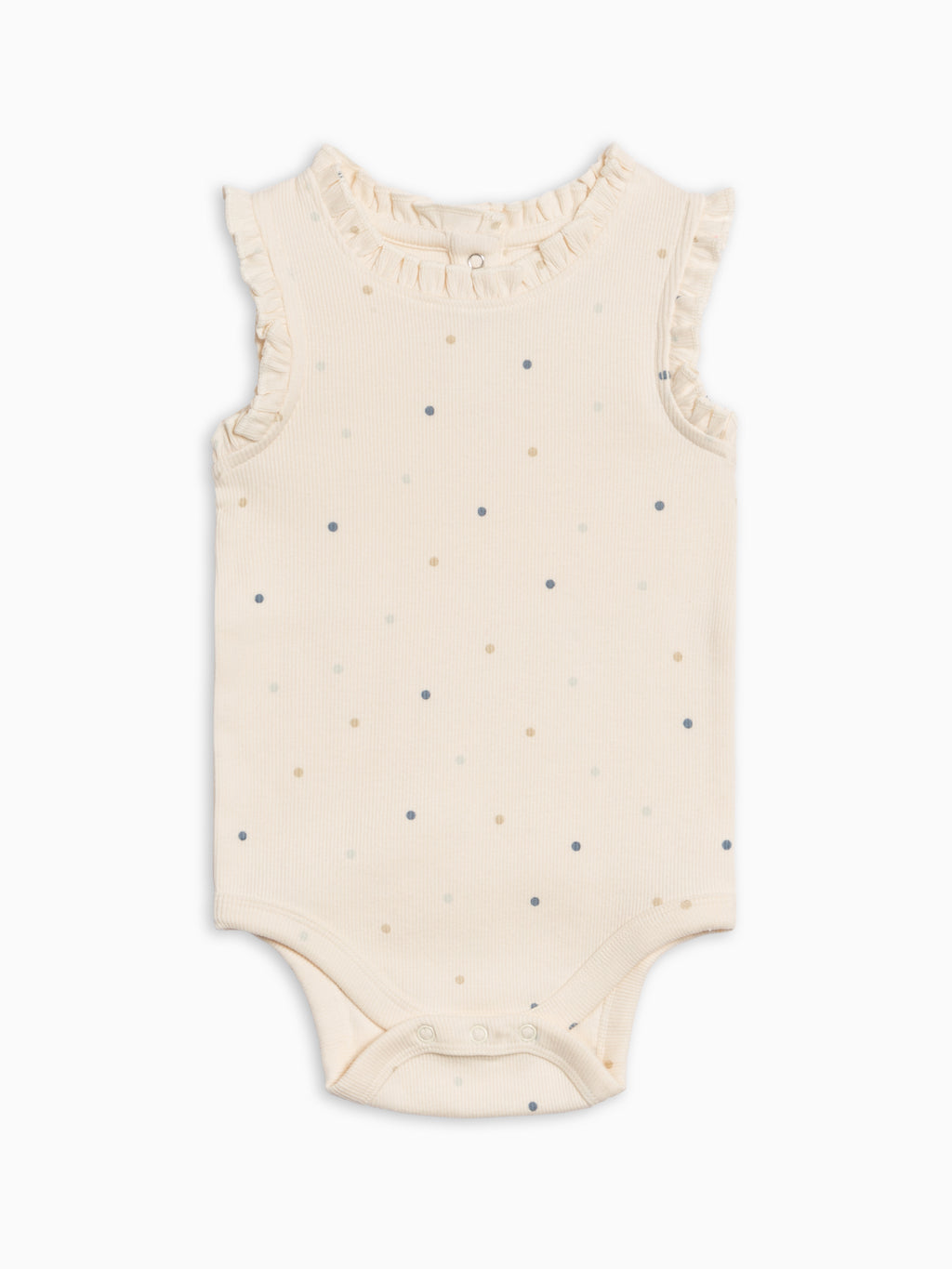 Leia Ribbed Ruffle Tank Bodysuit - Mini Dot / Sea + Dune Sale : Baby : One Pieces : Bodysuits : Tanks KENDI by Colored Organics Leia Ribbed Ruffle Tank Bodysuit - Mini | Colored Organics®