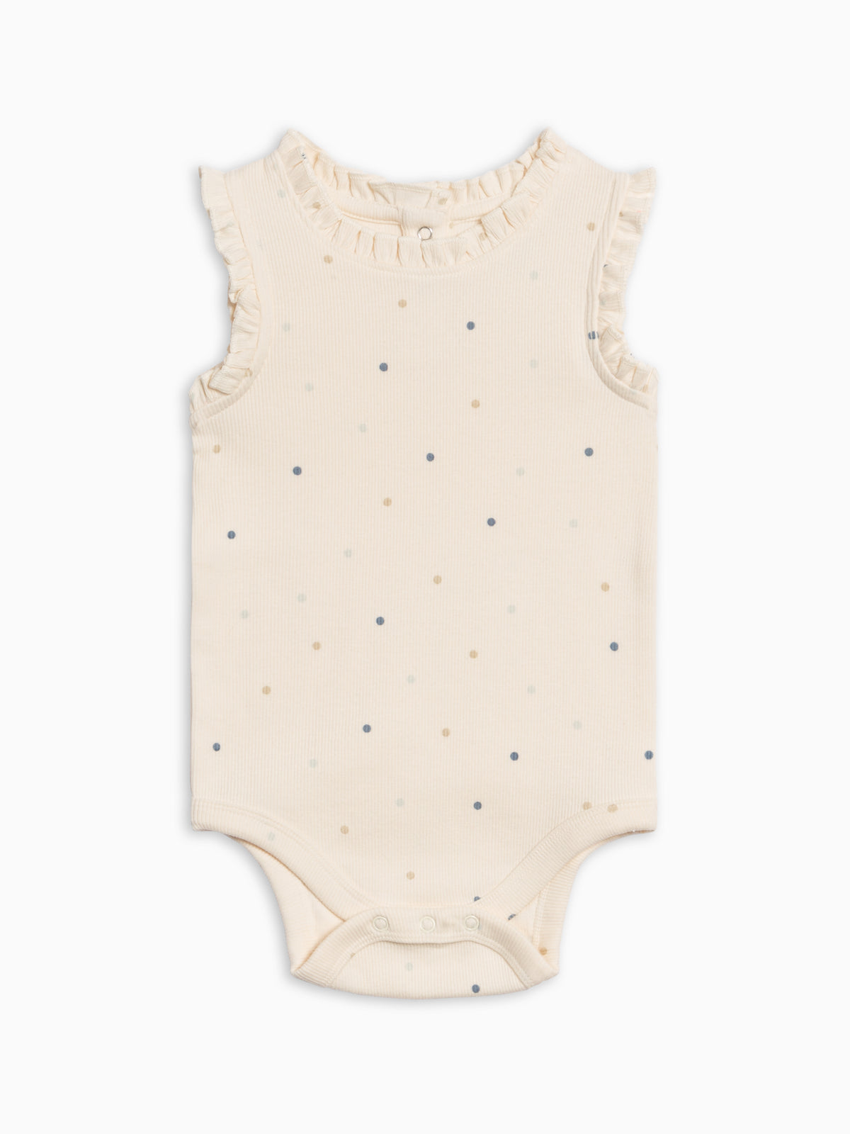 Leia Ribbed Ruffle Tank Bodysuit - Mini Dot / Sea + Dune Sale : Baby : One Pieces : Bodysuits : Tanks KENDI by Colored Organics Leia Ribbed Ruffle Tank Bodysuit - Mini | Colored Organics®