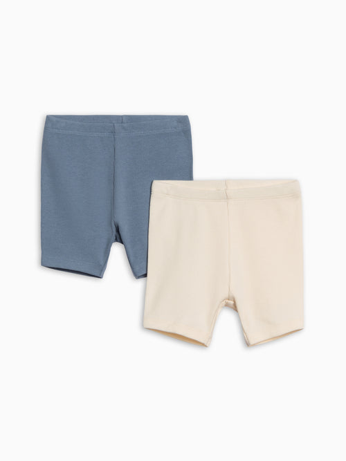 2-Pack Rae Ribbed Biker Shorts - Sea + Ivory Baby-Kids : Bottoms : Shorts KENDI by Colored Organics 2-Pack Rae Ribbed Biker Shorts - Sea + | Colored Organics®