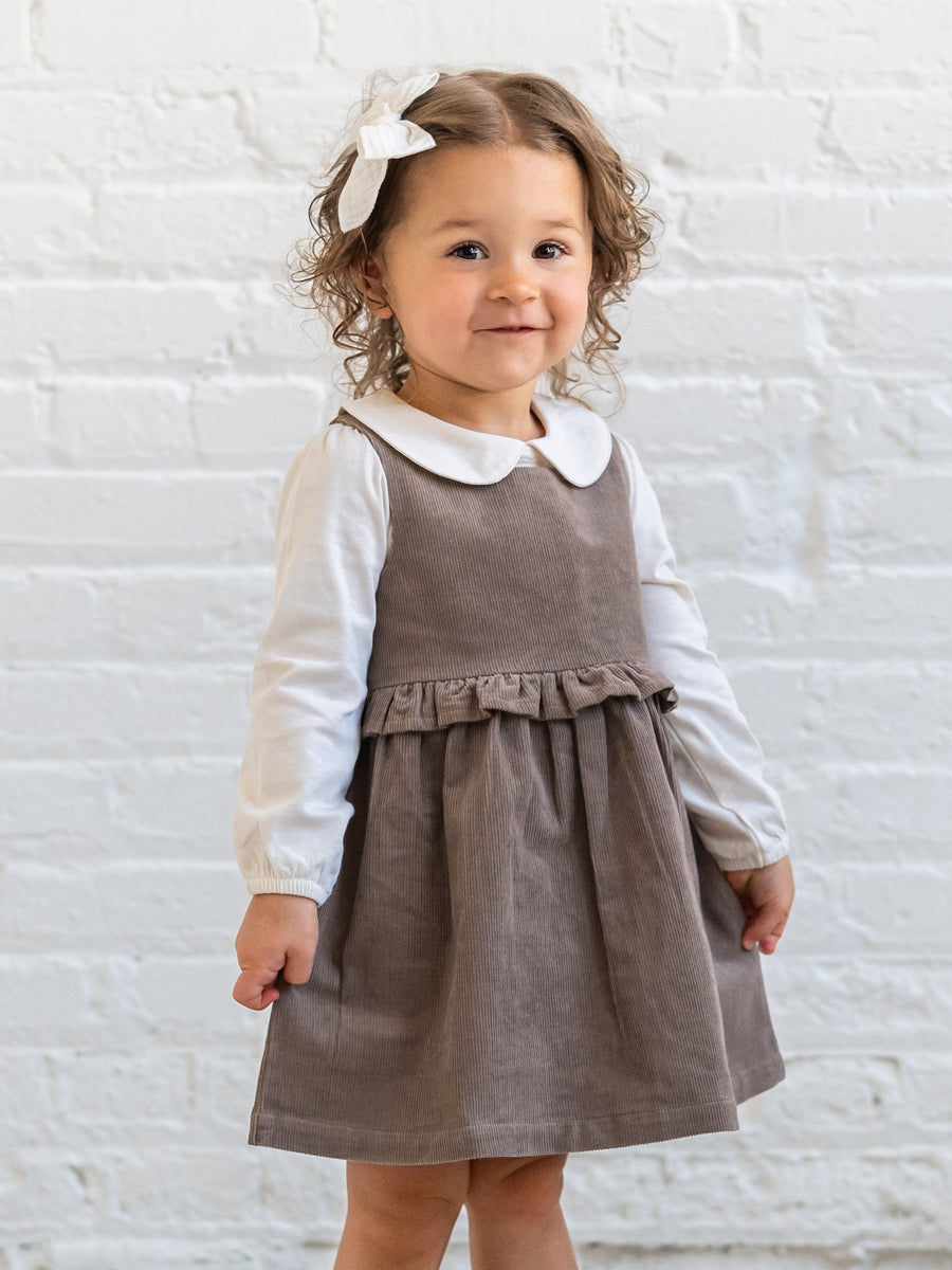 Lois Fine Corduroy Ruffle Jumper - Taupe Baby-Kids : Dresses : Tanks KENDI by Colored Organics Organic Cotton Baby and Kids Lois | Colored Organics®