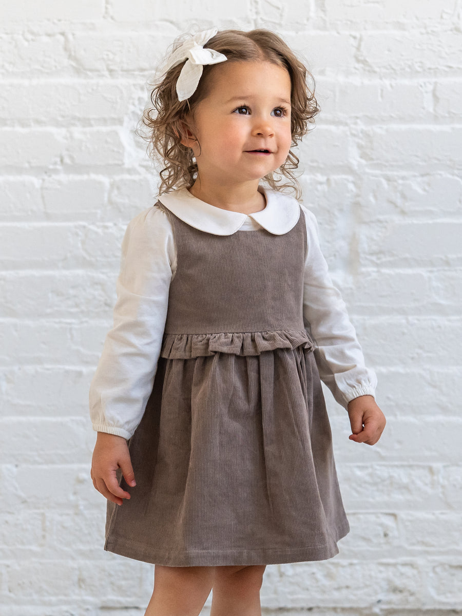 Lois Fine Corduroy Ruffle Jumper - Taupe Baby-Kids : Dresses : Tanks KENDI by Colored Organics Organic Cotton Baby and Kids Lois | Colored Organics®