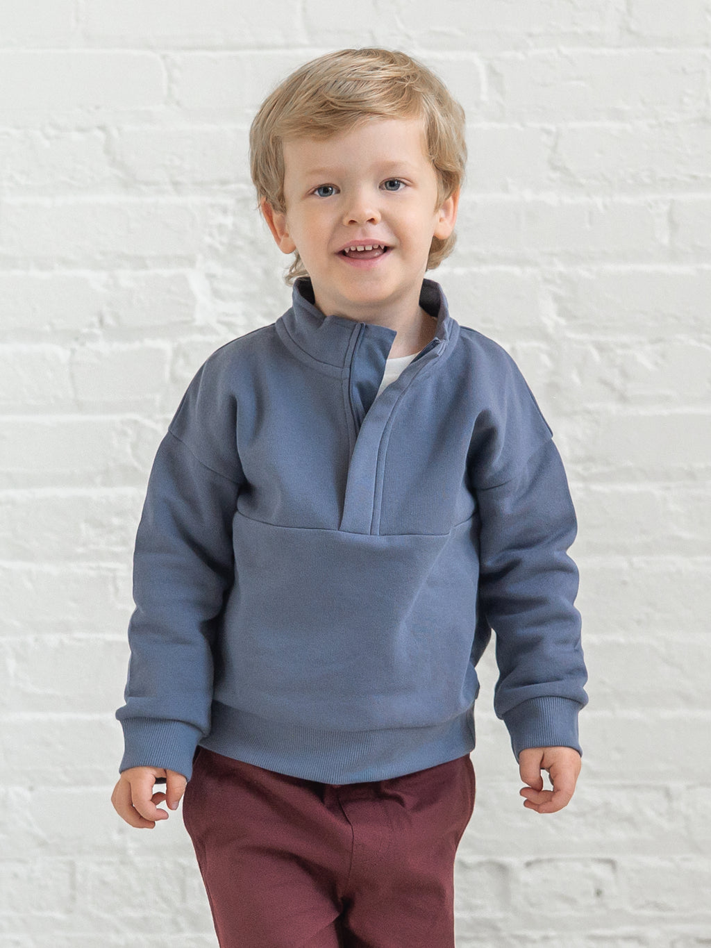 Jae Fleece Blocked Half Zip Pullover - Steel Baby-Kids : Tops : Pullovers : Long Sleeves KENDI by Colored Organics Jae Fleece Blocked Half Zip Pullover  | Colored Organics®