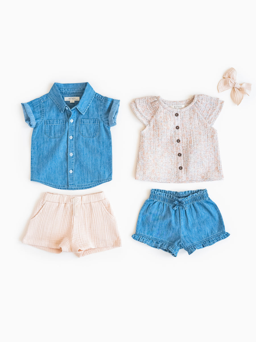 Callie Chambray Ruffle Waist Short Baby-Kids : Bottoms : Shorts KENDI by Colored Organics Baby Callie Chambray Ruffle Waist Short | Colored Organics®
