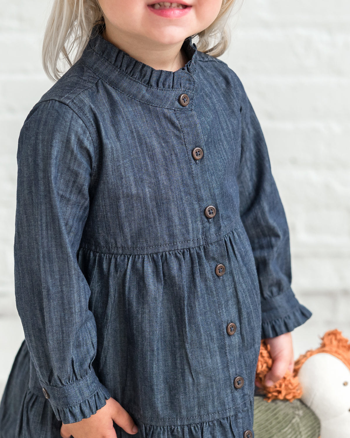 Tula Chambray Ruffle Shirt Dress Sale : Baby-Kids : Dresses : Long Sleeves Kendi Organic Cotton Baby and Kids Tula | Colored Organics®