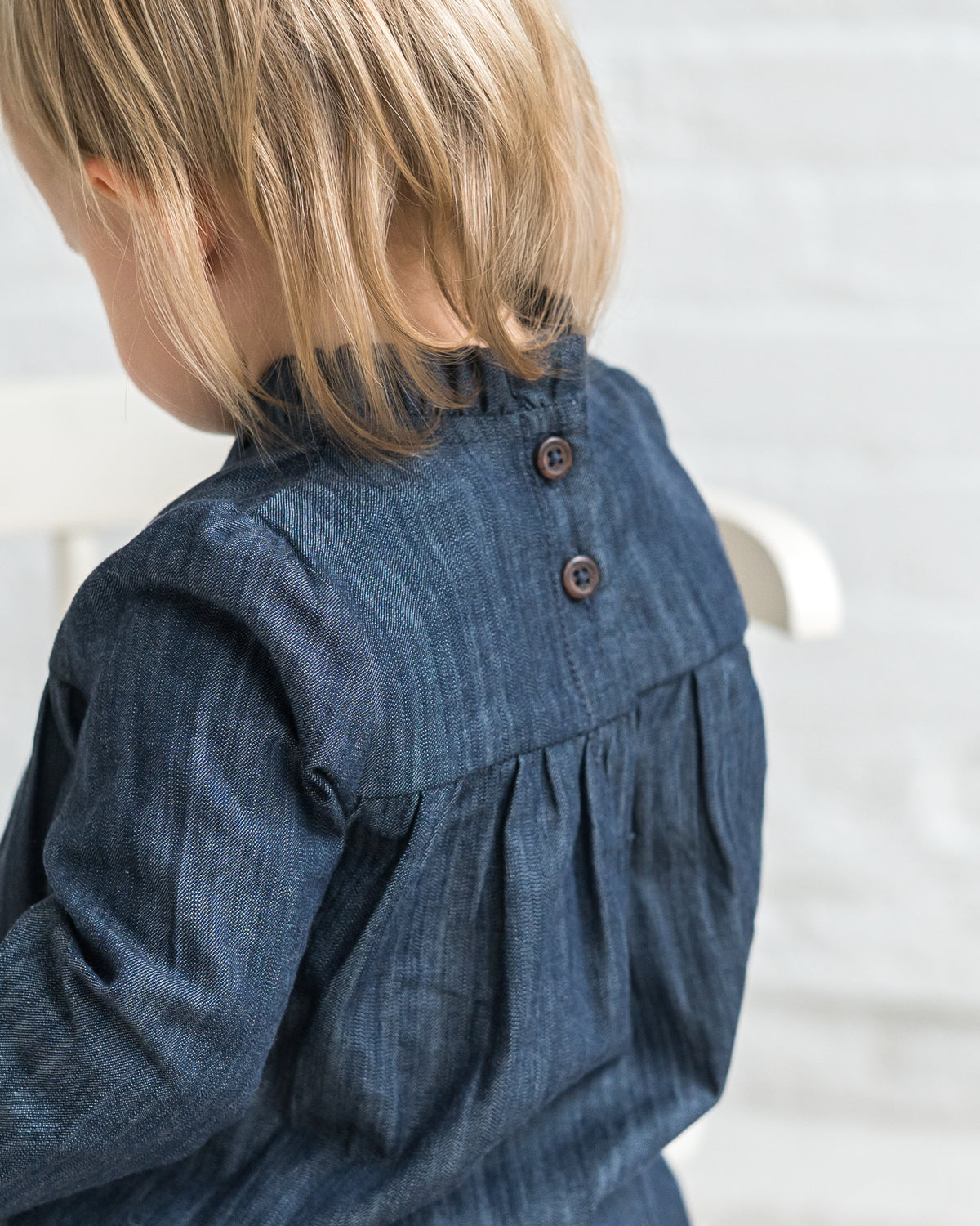 Chantal Chambray Ruffle Romper Sale : Baby : One Pieces : Bodysuits : Long Sleeves Kendi Organic Cotton Chantal Chambray Ruffle | Colored Organics®