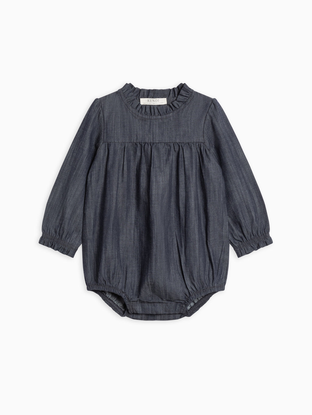 Chantal Chambray Ruffle Romper Sale : Baby : One Pieces : Bodysuits : Long Sleeves Kendi Organic Cotton Chantal Chambray Ruffle | Colored Organics®