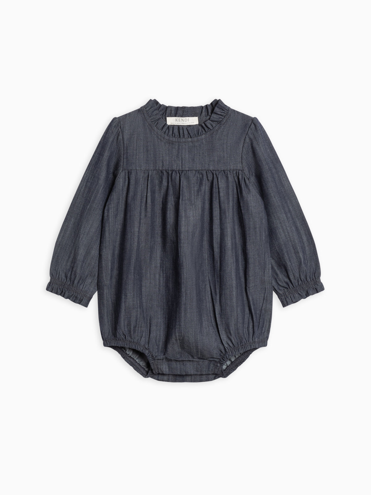 Chantal Chambray Ruffle Romper Sale : Baby : One Pieces : Bodysuits : Long Sleeves Kendi Organic Cotton Chantal Chambray Ruffle | Colored Organics®