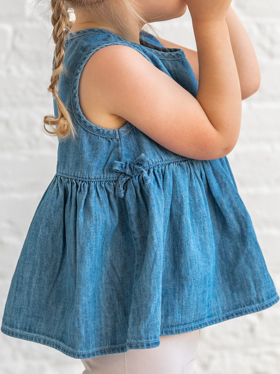 Lana Chambray Ruffle and Bow Tank Baby-Kids : Tops : Shirts : Tanks KENDI by Colored Organics Baby Lana Chambray Ruffle and Bow Tank | Colored Organics®