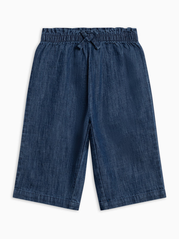 PRE ORDER Rumi Chambray Ruffle Waist Wide Leg Pant - AW26 Chambray Baby-Kids : Bottoms : Pants KENDI by Colored Organics Mari Ruffle Waist Pants for Baby + Kids | Colored Organics®