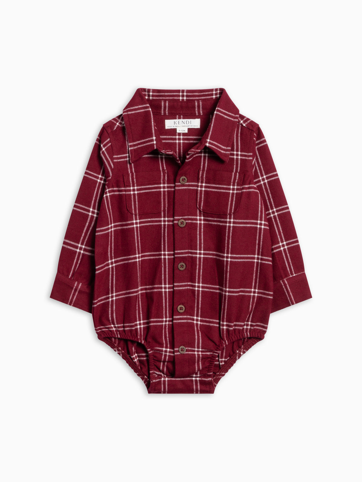 PRE ORDER Roan Flannel Long Sleeve Collared Bodysuit - Pomegranate Plaid Baby : One Pieces : Bodysuits : Long Sleeves KENDI by Colored Organics Organic Cotton Baby Roan Flannel Long | Colored Organics®
