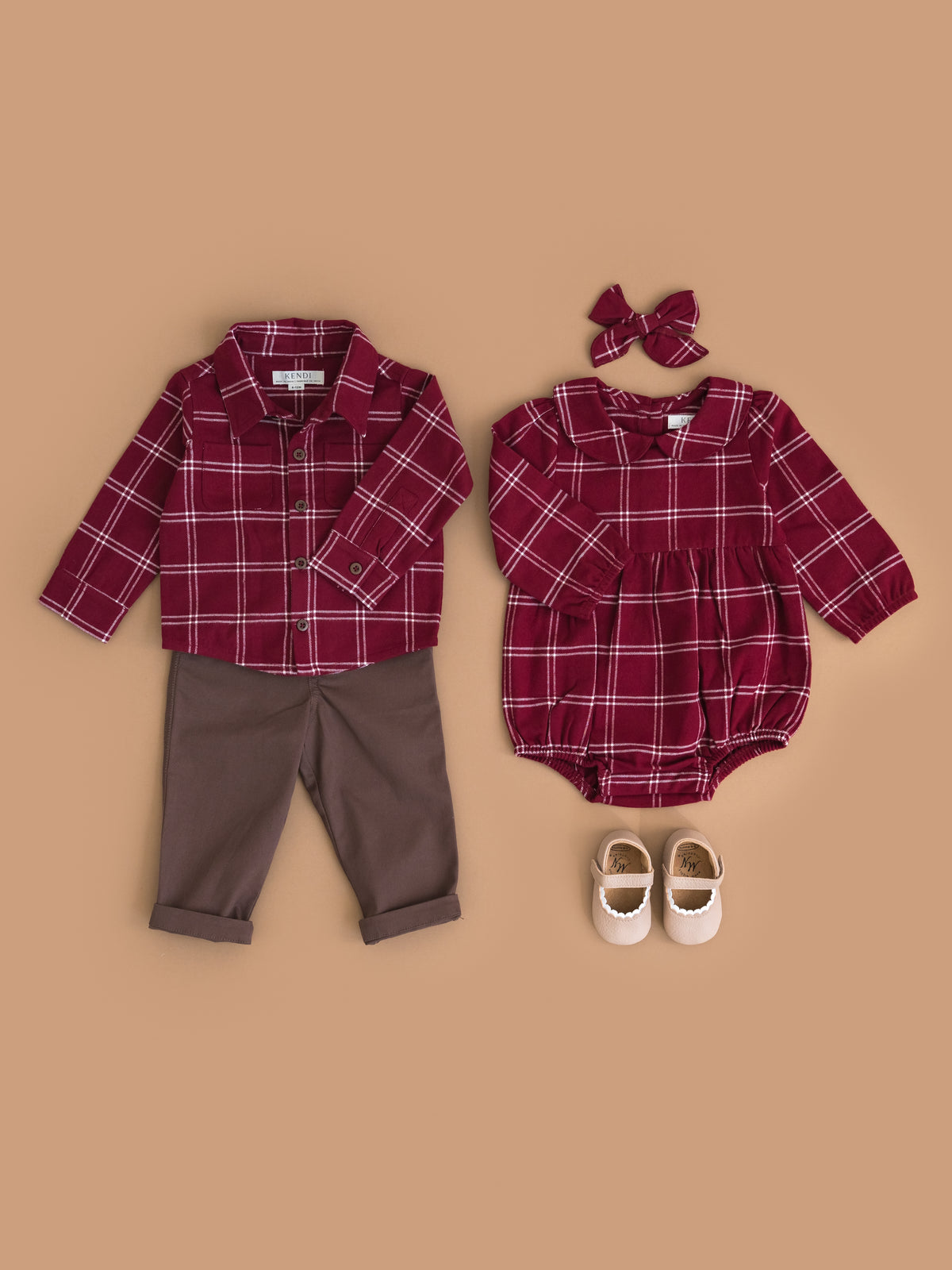 Myra Flannel Long Sleeve Peter Pan Collar Bubble Romper - Pomegranate Plaid