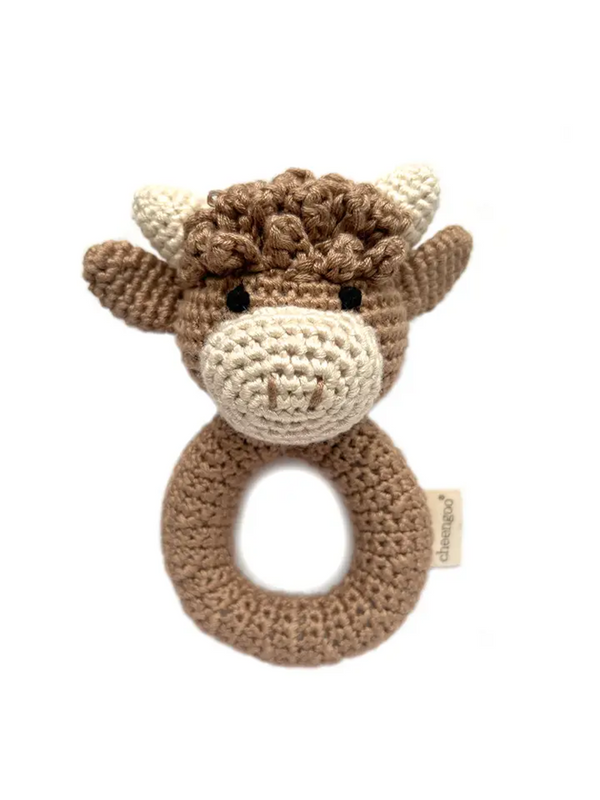 Crochet Highland Cow Rattle Baby : Toys : Plush + Crinkle : Rattles Cheengoo Crochet Highland Cow Rattle for Baby | Colored Organics®